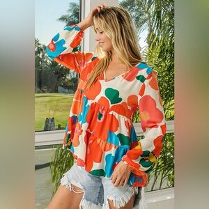 Floral Woven Tiered V Neck Top